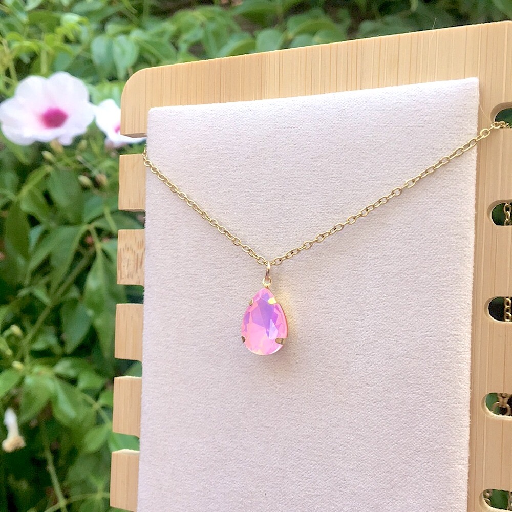 Pink Opal Aurora Borealis Pear Teardrop Crystal Pendant Necklace - Picture 8 of 14